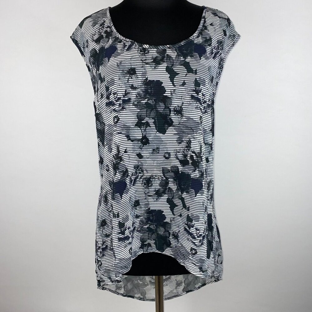 Studio Y Womens L Sheer Floral Striped Hi-Lo Hem Tunic Blouse Top Keyhole Back